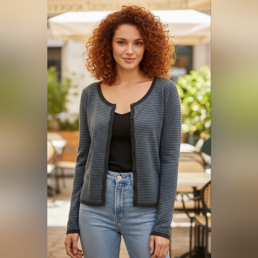 Part Two Striped Button-Down Cardigan Small | Navy & White Nautical Knit Sweater